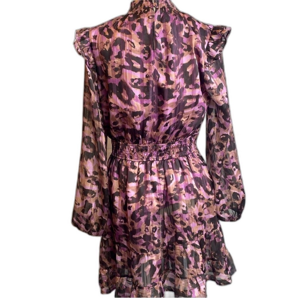 GREYLIN Dress Pink Purple Smocked Ruffle Shimmer Leopard Womens Sz S NWT